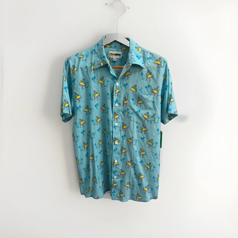 Tipsy Elves Shirt Mens Small Blue Tacosaurus Hawaiian Button Up Dinosaur Party